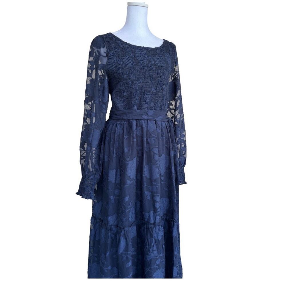 NWT Pinup Fashion Navy Smocked Chiffon Boho Midi Dress Dark Romantic Sz 20W - Picture 5 of 9